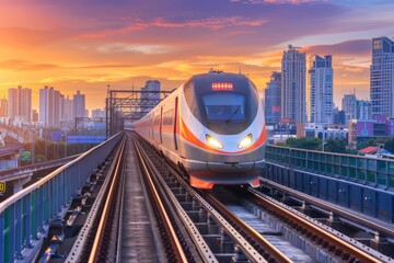 Naklejka premium High-Speed Train at Sunset in Urban Landscape