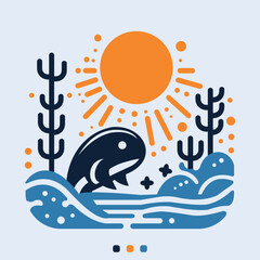 illustration of a whale jumping out of the water with the sun behind it. The sun was bright orange, with rays radiating from it.