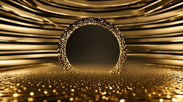 circle geometric luxury gold black with particles glowing background, 4k resolution, spin object.