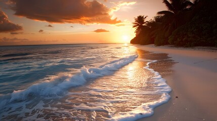 Summer background image of tropical beach with blurred horizon at sunset. Light sand of beach against backdrop of sparkling ocean water. Natural seascape. 