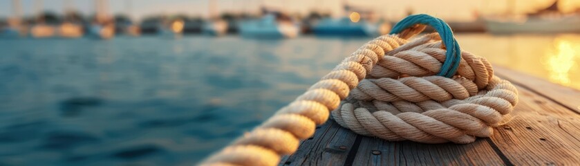 Fototapeta premium Nautical Rope Tied to a Wooden Dock with Blurred Background of Boats and Ocean Water at Sunset, Scenic Maritime View
