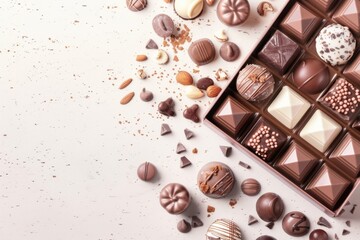 Fototapeta premium Assorted gourmet chocolates in box with various fillings and toppings, beautifully arranged, perfect for a decadent treat or special occasion.