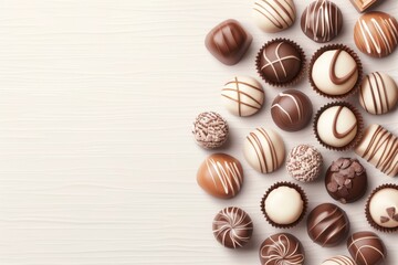 Assortment of delicious chocolate truffles on white background. Perfect for confectionery, dessert, and sweet treat concepts.