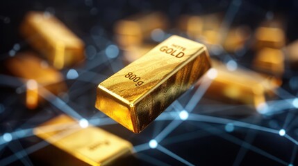 Floating gold bars in a digital matrix, gold bars accumulation, futuristic investment