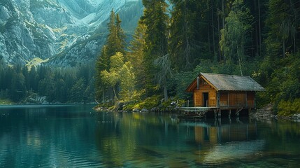 Obraz premium A tranquil alpine scene features a wooden cabin perched on stilts over a calm, reflective lake. The cabin, constructed from timber with a shingled roof, sits surrounded by dense evergreen forest. Tall