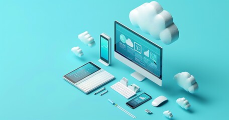 3d illustration of a desktop computer laptop tablet and smartphone with cloud storage and office supplies on a blue background