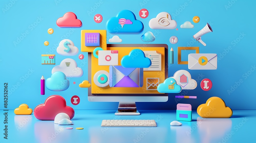 Poster 3d illustration of a desktop computer with various cloudbased applications and services