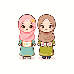 cute Muslim girls with hijab in flat design style
