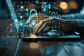 Digital Security Concept: Businesswoman Typing on Laptop with Virtual Security Icons for Data Protection and Cyber Security in a Business Workspace