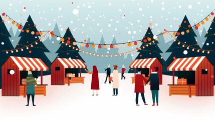 Community winter fair, lively event adorned with rustic trims, featuring handcrafted decorations, warm lights, and seasonal accents, fostering a cheerful spirit, flat design illustration