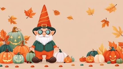 Fototapeta premium illustration of a dapper Halloween gnome with a top hat and monocle, surrounded by elegant Halloween decorations, refined design, spooky sophistication