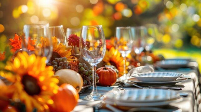 A sunlit table setting outdoors with autumn-themed decorations, including sunflowers, pumpkins, and colorful foliage, ready for a festive gathering.