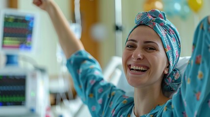 A joyful cancer patient celebrating recovery in a hospital, expressing happiness and hope with a beaming smile.