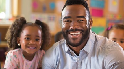 A joyful teacher with his smiling students in a colorful classroom, showcasing a positive and engaging learning environment.