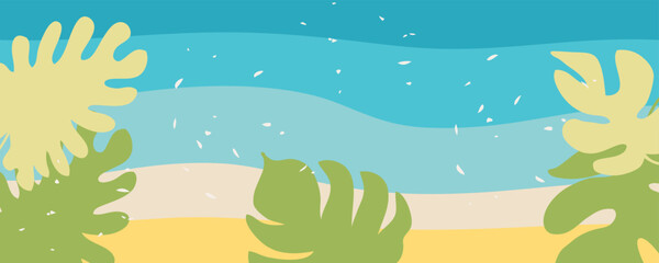 Theme of vacation and beach resort gorizontal background for banner, cover, card, sale. Colorful vector template for decor and design.