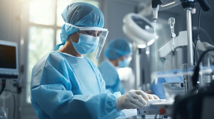Focused surgeon wearing full protective gear, including mask and face shield, performing a surgery in a modern operating room.