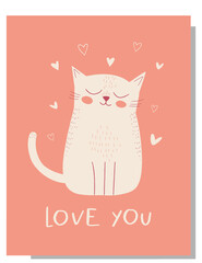 I Love you greeting card, cute Doodle cat and Hand Draw heart. Romantic Lovely scribble vector art with happy pet.Happy character pastel pink poster. Vector illustration. For Valentine Day, Wedding.