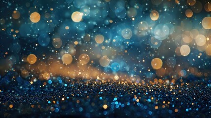 Abstract bokeh background with blue and gold lights, creating a magical and festive atmosphere for celebrations and holidays.