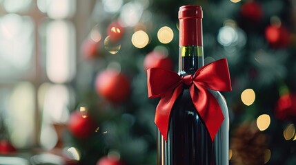 A wine bottle adorned with a red bow, set against a bokeh background with Christmas lights, creating a festive atmosphere.
