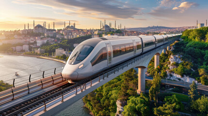 Naklejka premium An electric train gliding smoothly over a bridge, with a river and cityscape in the background, emphasizing clean energy travel