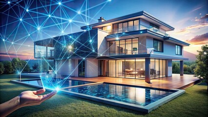 Technology concept Innovative buildings and artificial engineering are represented by future construction designs. AI smart house architecture model. High tech hologram of private house.