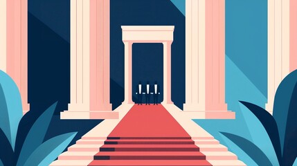 Illustration of a glamorous gala ceremony, featuring a lavishly decorated venue, distinguished guests, and an air of celebration and sophistication, flat design illustration