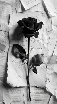 A Black and white aesthetic Photography of A single black rose lying on top of many pages from an old book.Flat lay 