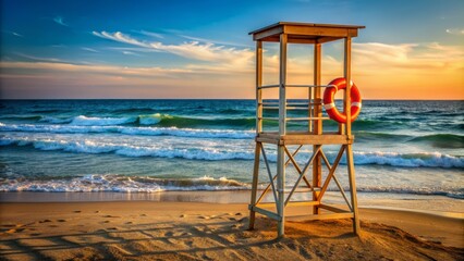 Empty lifeguard stand with rescue buoy and calm ocean waves, emphasizing importance of swimming rules and lifeguard assistance.