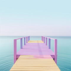 Pastel colors create a minimalist, calming effect with soft lighting, overlooking a pier extending towards the ocean.



