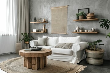 Modern living room interior with white couch, wooden table, and potted plants on the wall