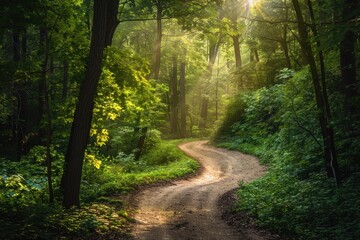 Fototapeta premium Forest Path: Sun Dappled Trail Through Lush Greenery