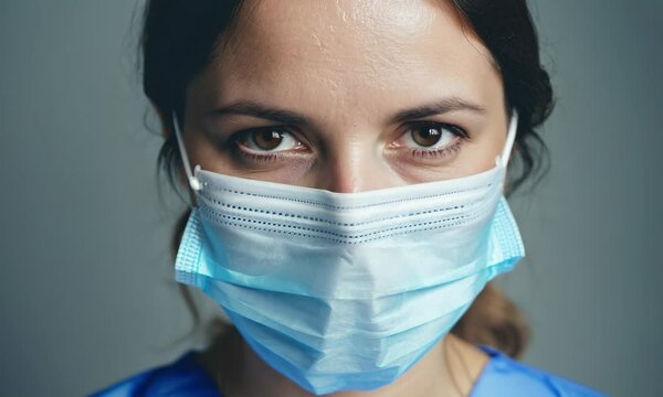 Focused healthcare worker adjusting protective mask for safety