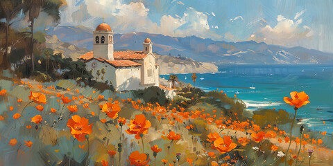 a painting of architecture with orange poppies and sea, generative AI