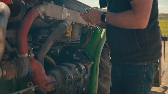 Close up of mature male farm worker with tool kit fixing machinery - shot in slow motion