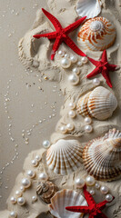 Seashells, pearls, and a red starfish on sandy beach, creating a picturesque scene. Flat lay perspective.