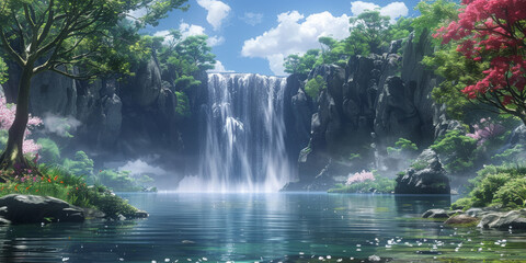 赤い灯籠と緑の水彩の風景