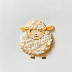 A cute simple doodle of an adorable little sheep made out of circular crackers drawn in the style of hand using colored pencils on white paper.Minimal creative food concept.Flat lay