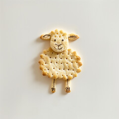 A cute simple doodle of an adorable little sheep made out of circular crackers drawn in the style of hand using colored pencils on white paper.Minimal creative food concept.Flat lay