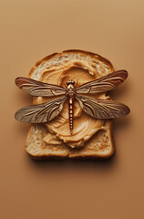 A slice of toast with peanut butter spread on it, adorned in the style of a dragonfly-shaped locket made from silver and diamonds. Minimal creative food concept.Flat lay 