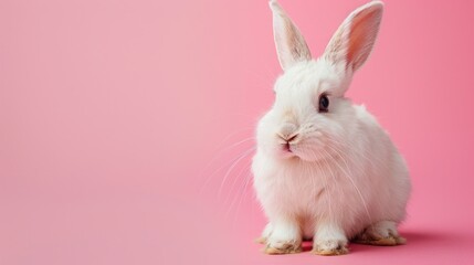 Obraz premium Adorable White Rabbit Against Pink Background - Perfect for Easter, Spring, and Animal-Themed Designs