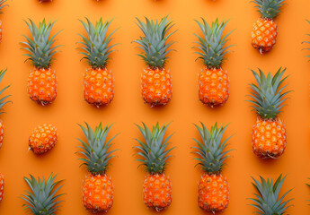 Fototapeta premium An orange pineapple pattern against orange background.Flat lay