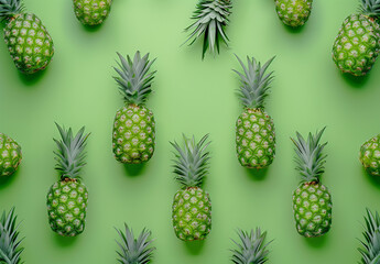Green pineapple pattern against green background.Flat lay
