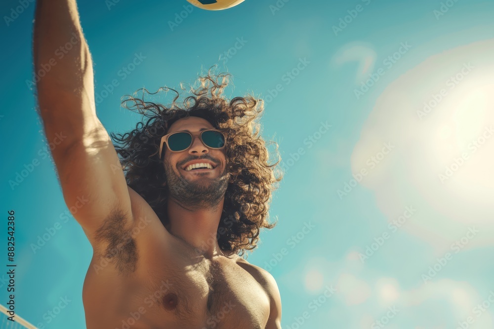 Poster a man with long curly hair and sunglasses playing beach volleyball - beach volleyball stock videos royalty-free footage