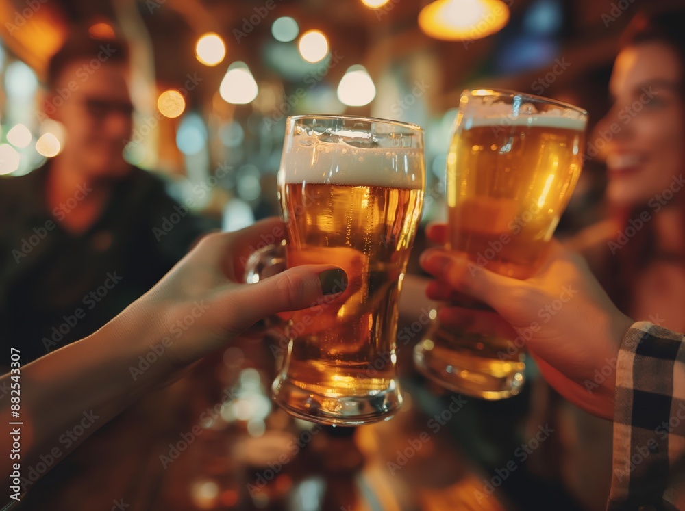 Wall mural friends toasting beer in a pub