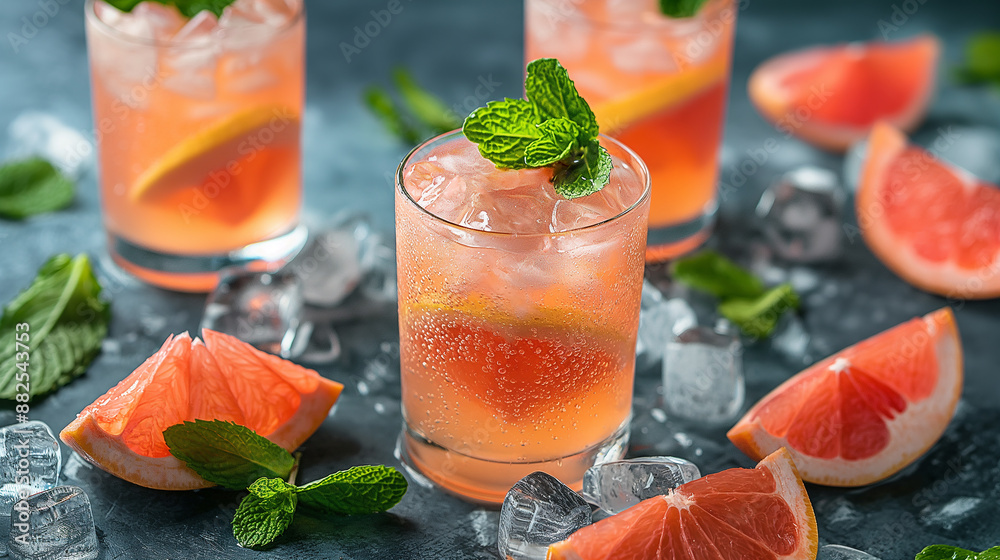 Poster refreshing cold grapefruit and mint cocktails with ice cubes on dark background