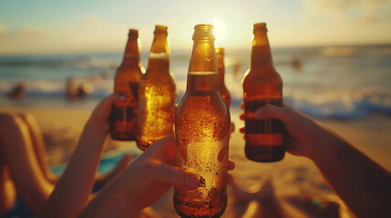Friends toasting with beer bottles at beach party on sunset