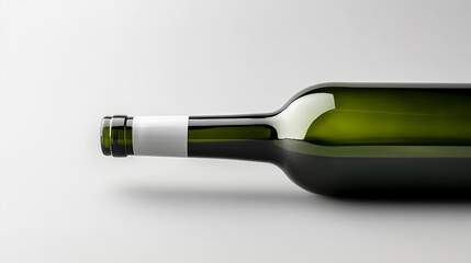 Green wine bottle lying down with blank label on white background