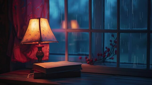 Book and lamp on table by window with rainy day outside view
 Seamless looping 4k time-lapse virtual video animation Generated AI