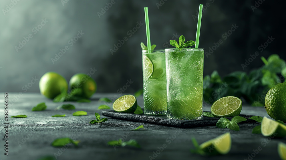 Poster two glasses of refreshing cold drink with lime and mint on dark background
