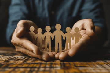 Businessman protecting family with hands above paper cutout figures for life insurance and community safety
